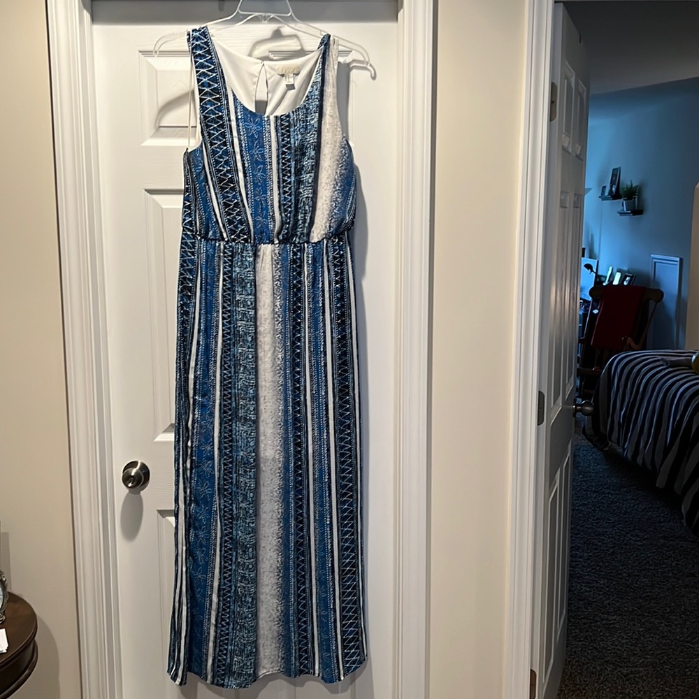Blue and white maxi length dress, lightweight